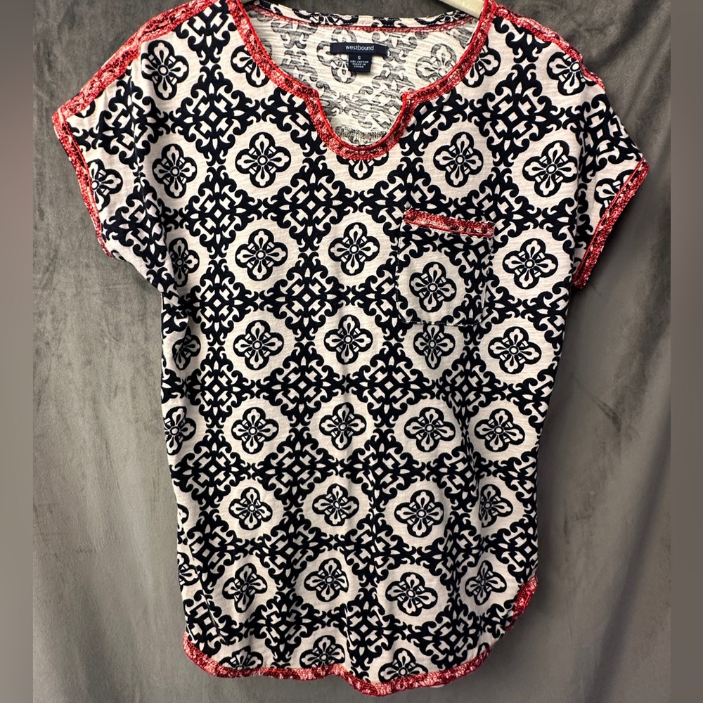 Westbound Black and White Geometric Top with Red Trim